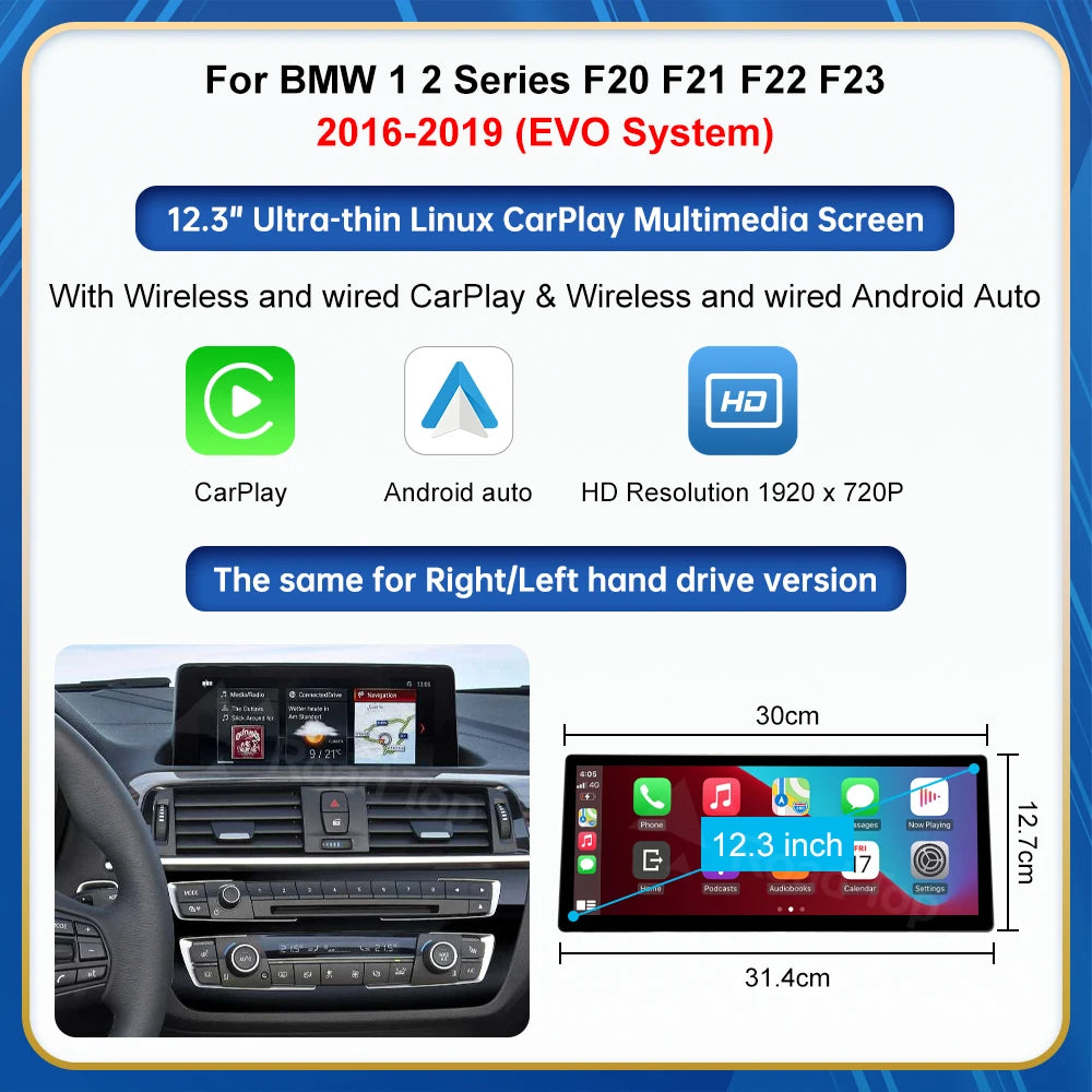 12.3 screen For BMW Series 1 2 3 4 F20 F21 F22 F45 F30 F31 F32 F33 F45 NBT EVO Carplay Touch Screen