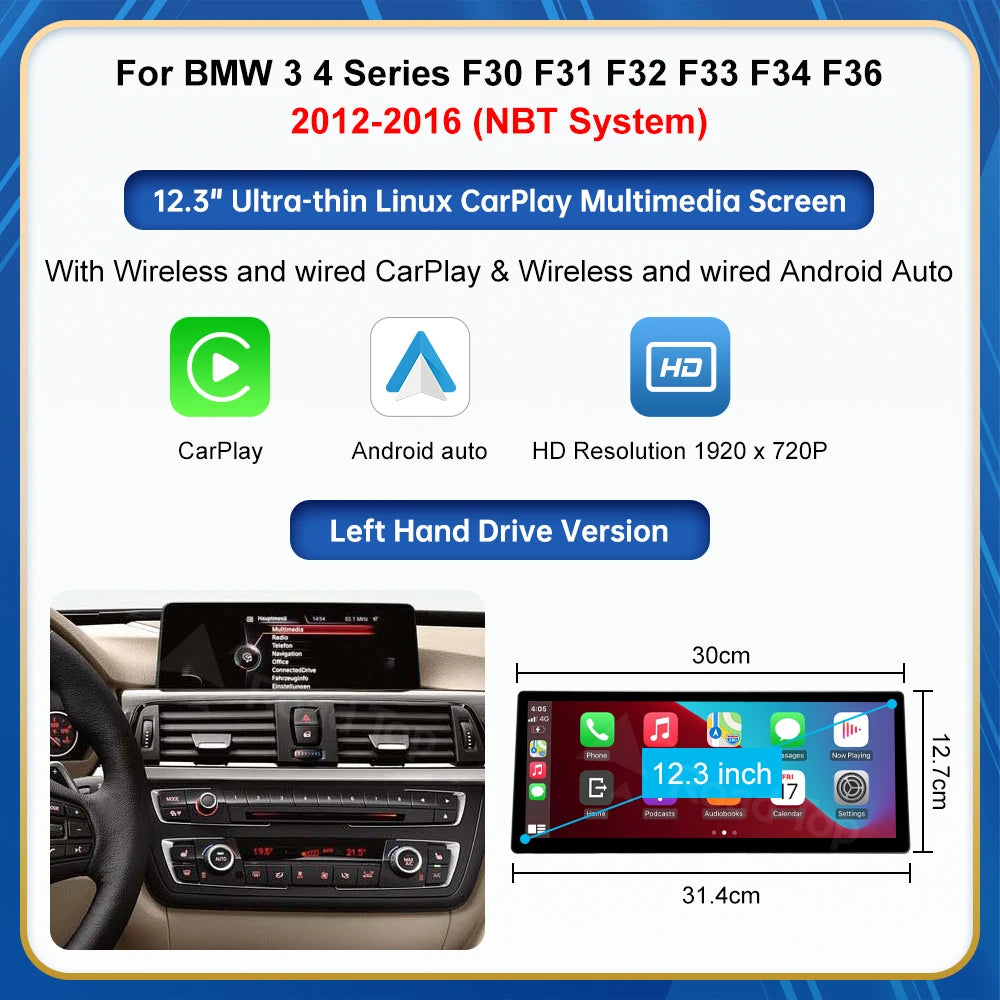 12.3 screen For BMW Series 1 2 3 4 F20 F21 F22 F45 F30 F31 F32 F33 F45 NBT EVO Carplay Touch Screen