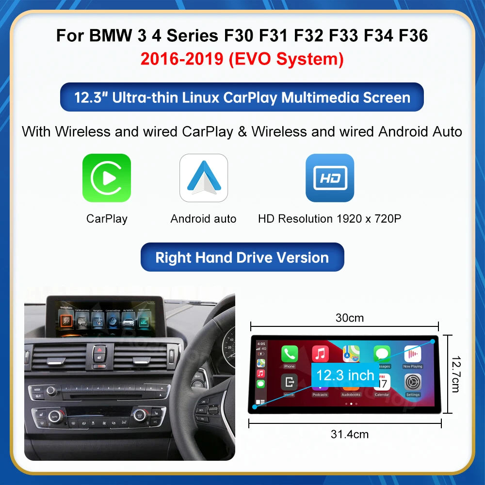 12.3 screen For BMW Series 1 2 3 4 F20 F21 F22 F45 F30 F31 F32 F33 F45 NBT EVO Carplay Touch Screen