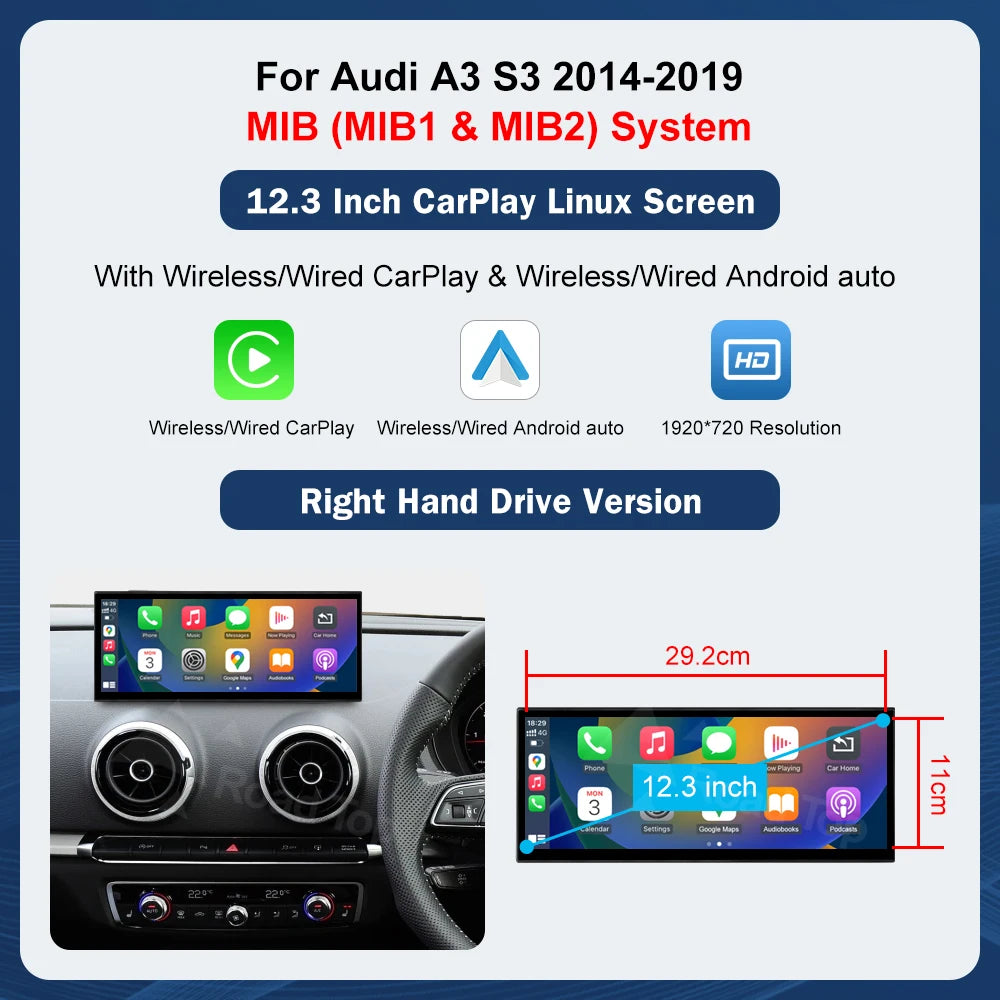 12.3 inch  Audi A3 2014-2019 Function Wireless Carplay Android Auto