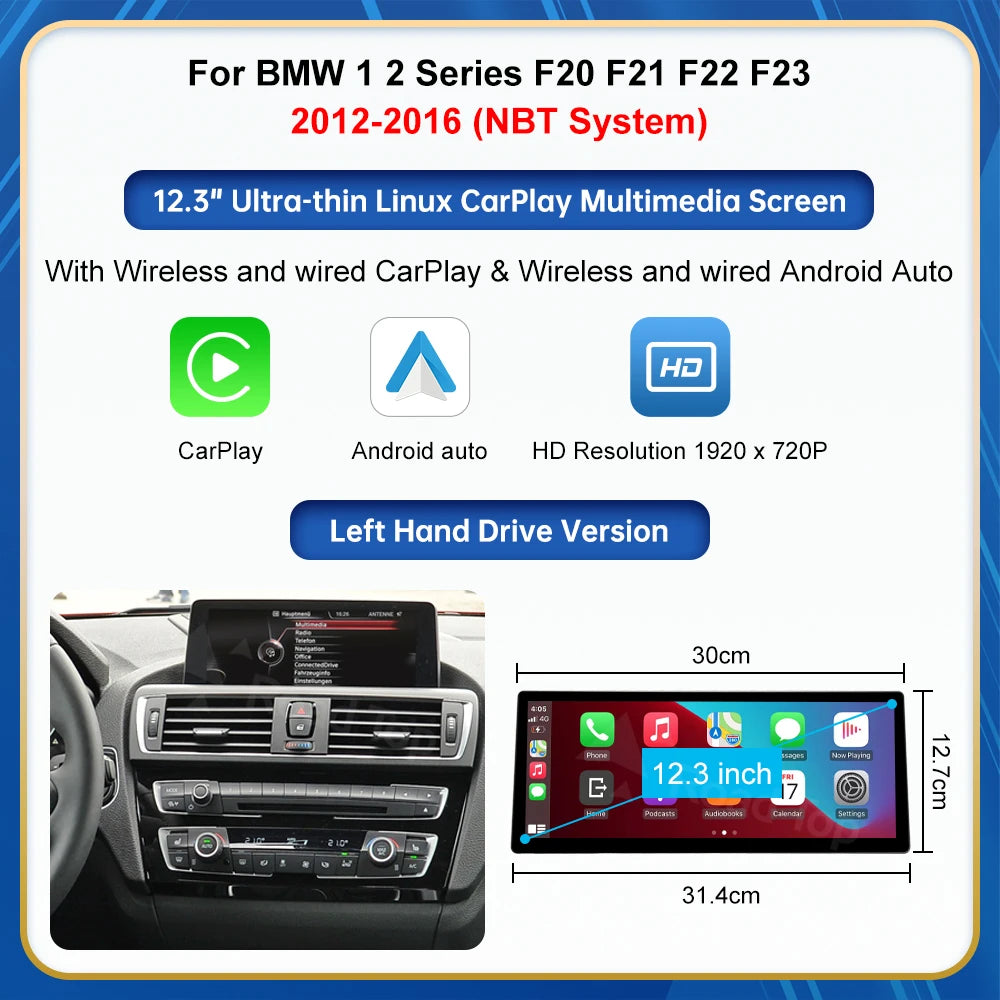 12.3 screen For BMW Series 1 2 3 4 F20 F21 F22 F45 F30 F31 F32 F33 F45 NBT EVO Carplay Touch Screen