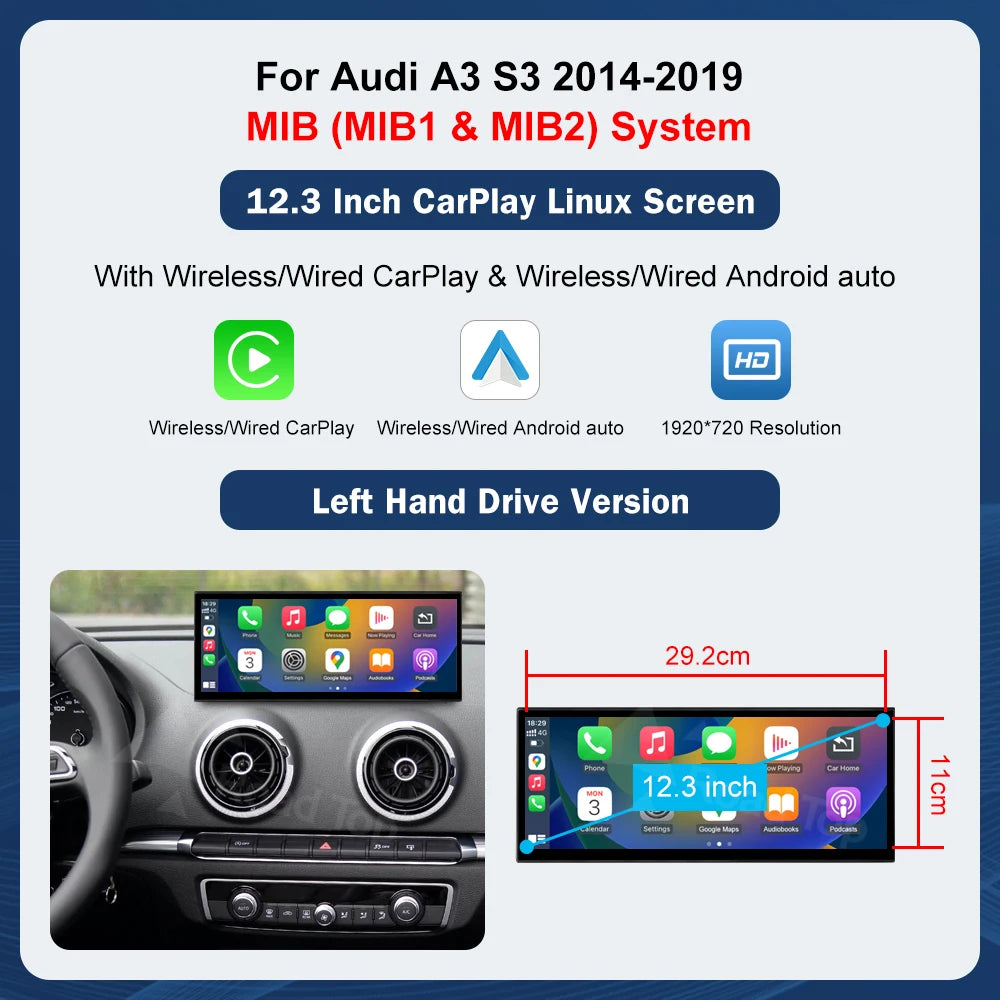12.3 inch  Audi A3 2014-2019 Function Wireless Carplay Android Auto