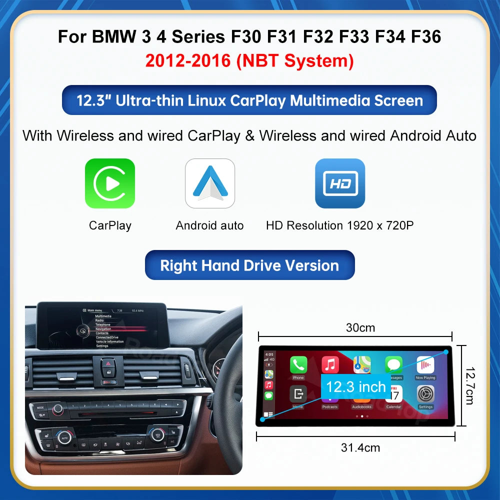 12.3 screen For BMW Series 1 2 3 4 F20 F21 F22 F45 F30 F31 F32 F33 F45 NBT EVO Carplay Touch Screen