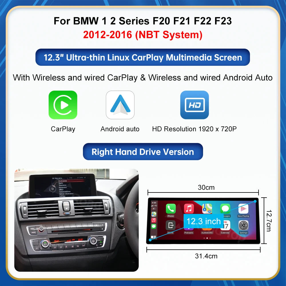 12.3 screen For BMW Series 1 2 3 4 F20 F21 F22 F45 F30 F31 F32 F33 F45 NBT EVO Carplay Touch Screen
